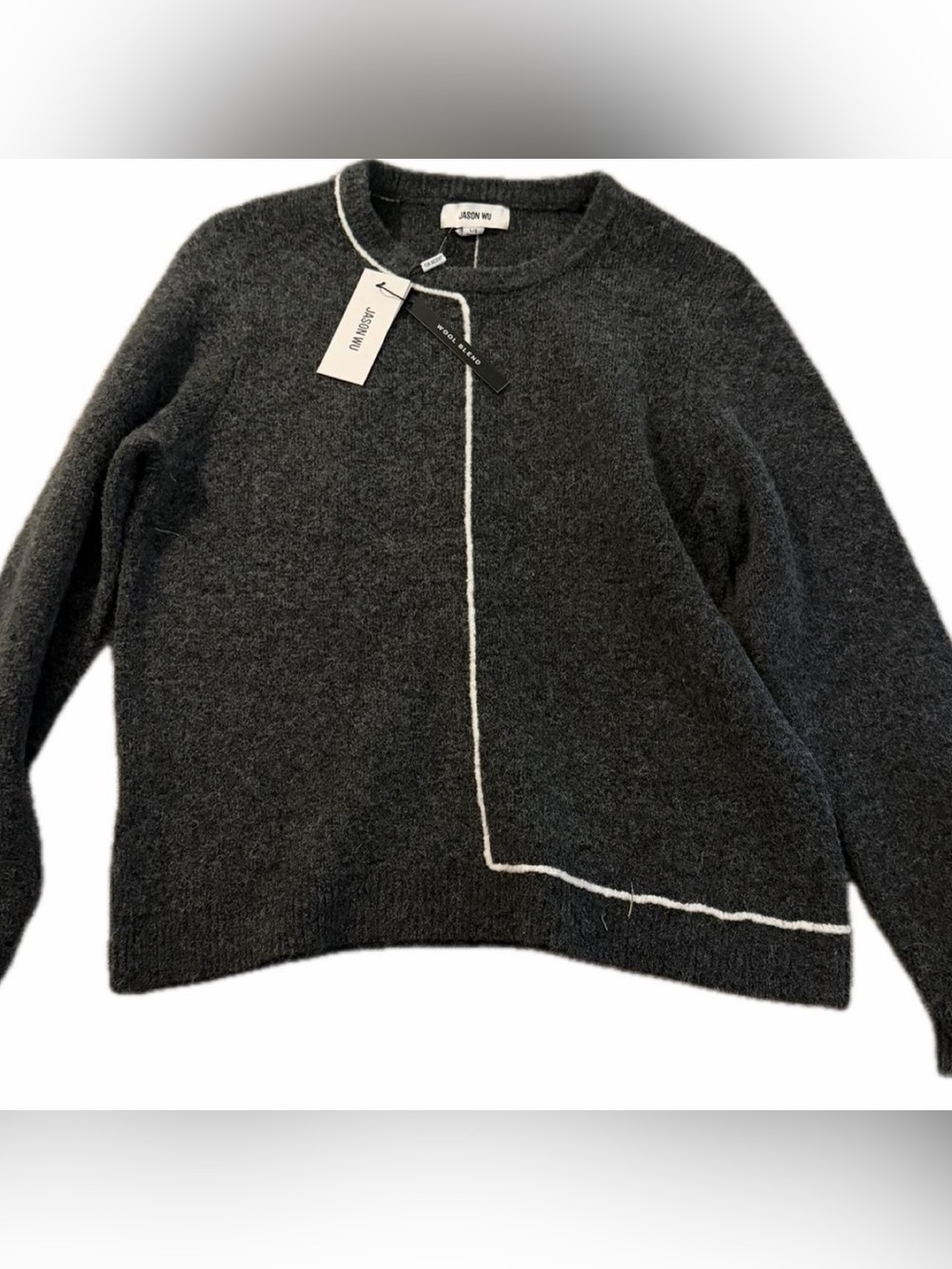 Jason Wu Dark Charcoal Crewneck Sweater with White Contrast Piping